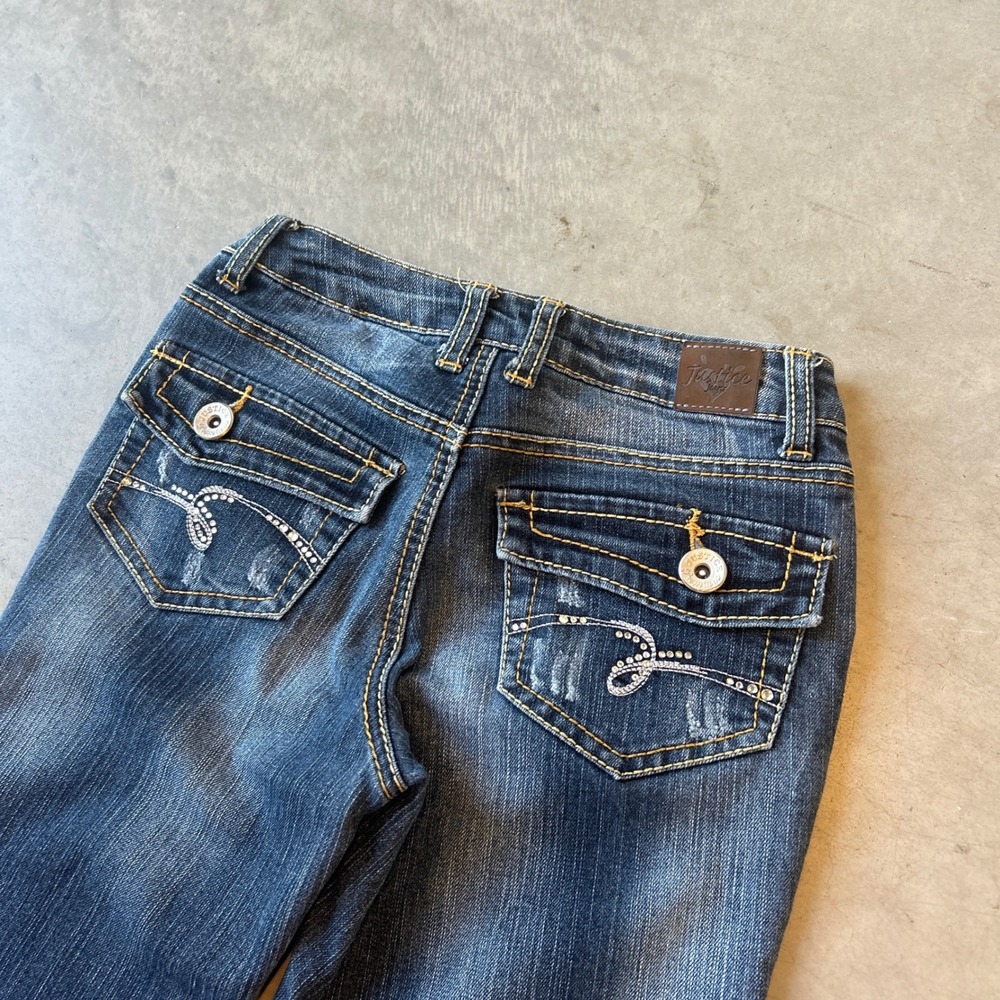 Justice Jeans Mens Dark Wash Distressed Bootcut Denim Rhinestone Pockets 24x27 - Picture 2 of 8